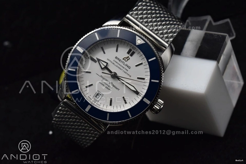 SS II White SuperOcean Blue Ceramic Bezel 42mm on SS Mesh A2824 Dial BLSF Bracelet Heritage 1115